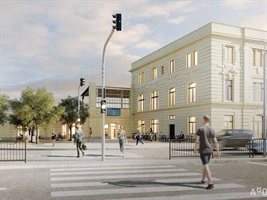 Visualisation of the station building from the pedestrian crossing