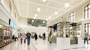 Visualisation of the station hall with ticket counters
