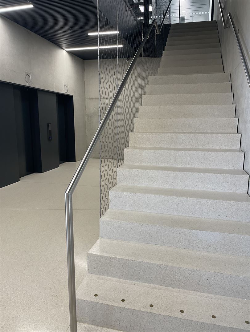Dunkle polierte Terrazzotreppe vor roher Betonwand mit Glasbrüstung und Pflanzenwand