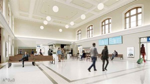 Visualisierung der Bahnhofshalle mit Sitzbänken und hellem Terrazzoboden
