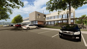 Visualisierung der Schule mit Parkplatz